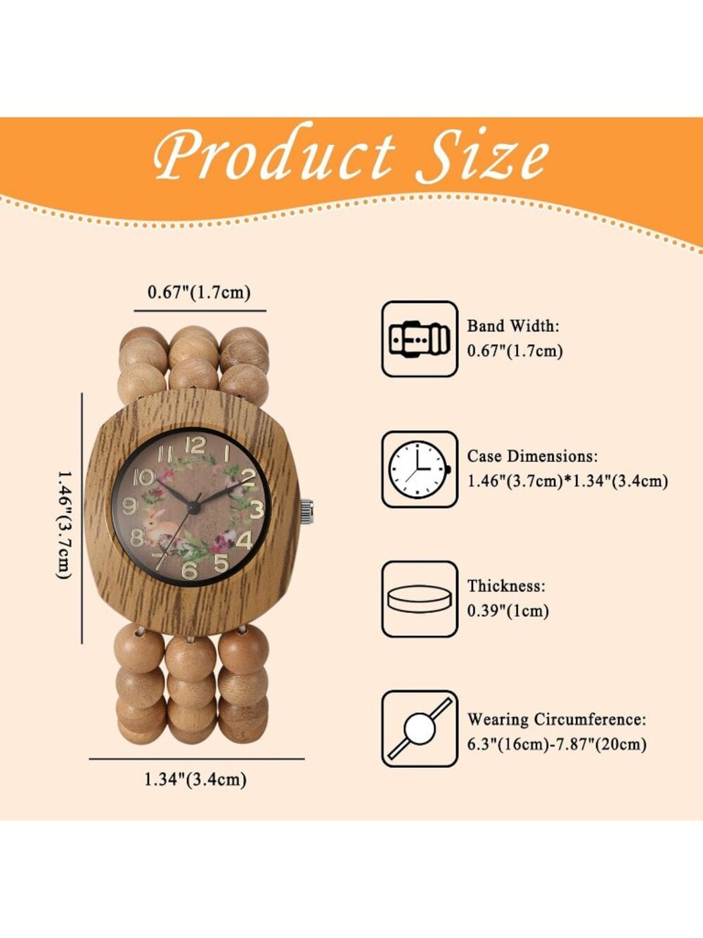 Women's Khaki Boho Wood Bead Wreath Dial Floral Quartz Elastic Band Casual Watch - Picture 5 of 6